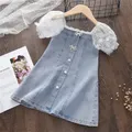 Summer Girl Denim Dresses Sundress Princess Dresses Children's Fashion Embroidery Flower Puff Sleeve