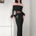 Autumn Sexy Women's Dress Strapless Black Lace Patchwork Long Sleeves Bodycon Dresses Streetwear