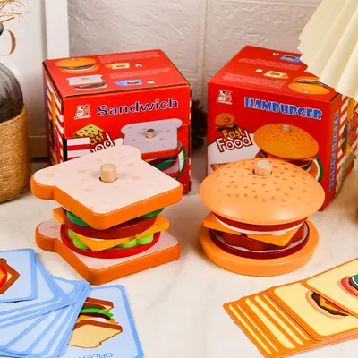 Simulazione in legno Hamburger giocattoli per bambini apprendimento educativo Montessori forma di