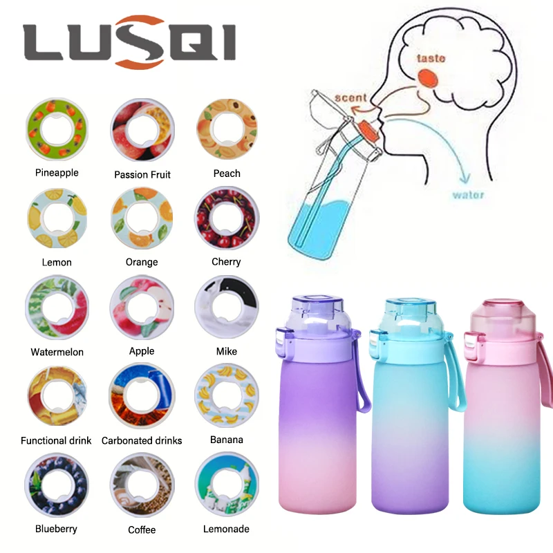 LUSQI 1pc 600ML Bottiglia d'acqua aromatizzata con 1 sapore casuale Baccelli Bottiglia d'acqua ad aria Aria Camping Sport Fitness Cup