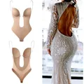 AfruliA Bodysuits Deep V Full Body Shaper Backless U Plunge Thong Waist Trainer Women Dress