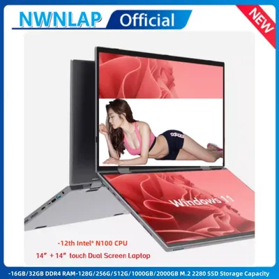Dual Screen Laptop Intel N95 N100 Processor 14“+14” touch Gaming Laptop DDR4 32GB 1TB 2TB SSD Notebook Computer