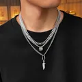KunJoe 3pcs/set Metal Feather Pendant Necklace for Men Punk Silver Color Multi-layer Cuban Chain
