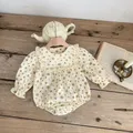 FLM Spring and Autumn Newborn Baby Romper Lace Round Collar Long Sleeve Infant Girls Creeper Baby