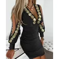 Womens Dresses Spring Fashion Floral Sequin Sheer Mesh Patch Lantern Sleeve Casual Plunge Long