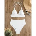 2024 Bikini a vita alta costume da bagno bianco solido donna Halter costumi da bagno bagnanti