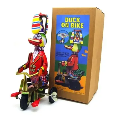 [Funny] Adult Collection Retro Wind up toy Metal Tin Duck on bike robot Mechanical Clockwork toy figure model kids baby gift