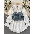 Spring Autumn New Blouse Women's Diamond Beaded Puff Sleeve Blusa Top Tassel Pearl Sling Waistcoat