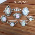 8PCS/Set Solid Silver 925 Thin Band Rings Natural Fire Opal StoneWhite Color 100% Real 925 Sterling