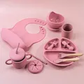 9pcs/set baby silicone feeding set wooden spoon fork cutlery suction bowl plate sucker training