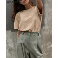 WOTWOY Loose Basic Cotton T-Shirts Women 2023 Summer Casual Solid O-Neck Tees Female 10 Color Short