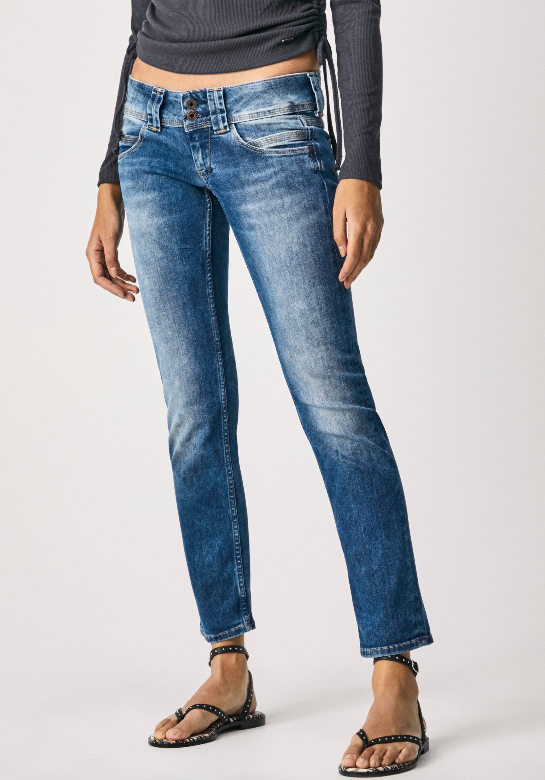 Straight-Jeans PEPE JEANS "VENUS", Damen, Gr. 29, Länge 34, blau (medium used), Denim/Jeans, Obermaterial: 84% Baumwolle, 14% Polyester, 2% Elasthan, regular fit lang, Jeans Straight-Jeans, mit schmalem Bein