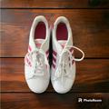 Adidas Shoes | Adidas Big Girl White Leather Tennis Shoes W/Sparkly Hot Pink Stripes, Size 5 | Color: Pink/White | Size: 5