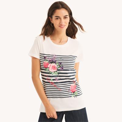 Nautica Women's Striped Flowers Graphic T-Shirt Bright White, XL