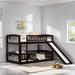 Twin over Twin Size Bunk Bed with Slide, Solid Wood Low Bunk Bed Frame with Fence and Ladder for Toddler Kids Teens, Espresso