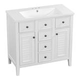 Red Barrel Studio® 36" Solid Wood Bathroom Vanity w/ Ceramic Basin, Dual Cabinets, & Five Drawers Wood in Brown | Wayfair