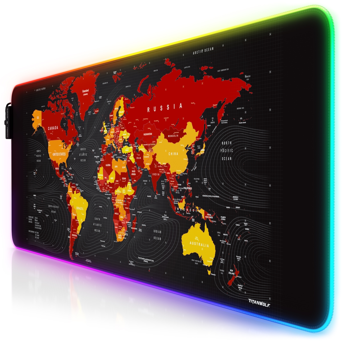 Titanwolf RGB Gaming Mauspad, Mousepad XL 800 x 300mm verbessert Präzision & Geschwindigkeit, Weltkarte rot Image