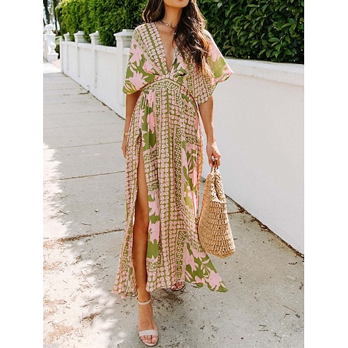 Per donna Abito Lungo Maxi Abito Vestito Casual Vestito in Chiffon Vestito a ruota Abito a trapezio Streetwear Linea A Vacanza Streetwear Ferie Vestibilità regolare Floreale Manica Corta Scollo a V
