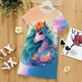 Mädchen' 3D Graphic Karikatur Einhorn Kleid Kurzarm 3D-Druck Sommer Frühling Sport Natur Täglich Festtage Kuschelig Brautkleider schlicht Süß kinderkleidung 3-12 Jahre Casual kleid Sweatkleid A