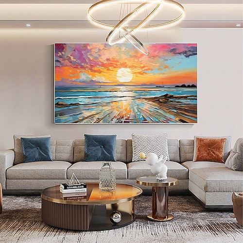 Ölgemälde, handgemalt, impressionistisches Ölgemälde am Meer, Sonnenuntergang auf Leinwand, modernes Meeresgemälde, abstraktes, farbenfrohes Landschaftsgemälde, Wandkunst, Gemälde für Wohnzimmer, Image