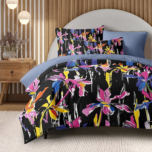 Lila-schwarzes Bettbezug-Set mit Blumenmuster, King- und Queen-Size-Größe, 3-teiliges Set aus Mikrofaser-Bettwäsche, perfekt als Muttertagsgeschenk, superweich, hautfreundlich, langlebig Image