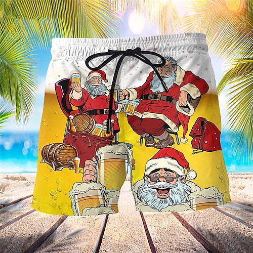 Herren Badehosen Badeshorts Boardshorts Kordelzug mit Mesh-Futter Elastischer Bund Weihnachtsmann Weihnachten Bier Schnelltrocknend Kurz Ferien Strand Hawaiianisch Lässig Gelb Mikroelastisch