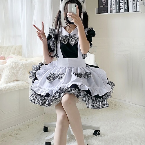 Lolita Süße Lolita Übergröße Lässige Lolita Kleid Dienstmädchenuniform Damen Japanisch Cosplay Kostüme Schwarz Feste Farbe Kurzarm / Schürze / Schürze Image