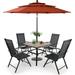 & William Outdoor 6 Pieces Dining Set with 4 Rattan Chairs 1 Wood-Like Metal Table and 1 10ft 3 Tier Auto-tilt Umbrella(No Base) Red Modern Patio Furniture for Poolside Porch Pati