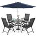 & William Outdoor 6 Pieces Dining Set with 4 Rattan Chairs 1 Metal Table and 1 10ft 3 Tier Auto-tilt Umbrella(No Base) Orange Red Modern Patio Furniture for Poolside Porch Patio