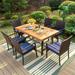 & William 6 Pieces Patio Dining Set for 6 4 PE Rattan Chairs and 1 Rectangular Acacia Wood Table and 1 Bench Outside Table and Chairs with Cushions Outdoor Furniture for Decker Yar
