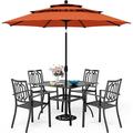 & William Patio Dining Set for 6 with 13ft Double-Sided Patio Umbrella 8 Piece Metal Outdoor Table Furniture Set - 6 Outdoor Chairs 1 Rectangle Dining Table and 1 Large Navy Blue Um