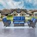 Outdoor Patio Wicker Furniture Set - 5 Piece Patio Rattan Sectional Sofa Set with 3-Seat Couch 2 Armchairs 2 Ottoman Footrests for Patio Conversation(5PC Mixed Grey/Blue)