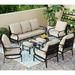 VILLA 4 Piece Patio Conversation Sets Outdoor Deluxe Metal Furniture Patio Set with 3 Seater Padded Deep Seating Bench 2 Swivel Cushioned Armrest Sofa Chairs and 1 Good-Looking Coffee