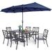 VILLA 5 Piece Patio Dining Set with 10ft Umbrella 37 Square Metal Dining Table & 4 Stacking Metal Chair with 3 Tier Navy Umbrella for Outdoor Deck Yard Porch