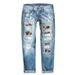 YUHAOTIN Trouser Jeans for Women Petite Length Womens Jeans Baseball Print Ripped Pants Womens Jeans Stretchy Straight Leg Pull on Stretchy Jeans for Women High Waisted Boot Cut