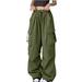 Hfyihgf Parachute Pants for Women Y2K Baggy Cargo Pants Multi-Pockets Drawstring High Rise Pants Wide Leg Joggers Trousers Streetwear(Army Green M)