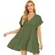 Summer short sleeved new women's clothing large hem loose casual short skirt V-neck solid color dress