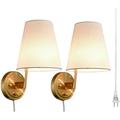 Fabric Shade Bedside Wall Lamp Set of 2 Plug in Wall Lights Brass Finished for Bedroom Living Room