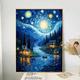 Night Starry Sky Landscape Oil Painting On Canvas Handpainted Original Impressionism Painting Nature Painting Living Room Home Wall Art Rolled Canvas (No Frame)