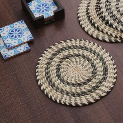 Sylvan Mandalas,'Set of 4 Handwoven Green and Beige Natural Fiber Placemats'