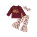 FOCUSNORM Infant Baby Girls Thanksgiving Clothes Turkey Letter Print Long Sleeve Shirt Top Flared Pant Headband Outfits