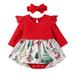 Qiyuancai Toddler Girl Fall Outfits Set Xmas Baby Cute Cartoon Long Ruffled Sleeve Patchwork Princess Dress Romper With Headbands Christmas Set 2Pcs Clothes Set