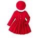 Christmas Kids Baby Girls Solid Dress Button Down Long Sleeve Bowknot Decor Mini Dress with Hat Round Neck Ruched Dress