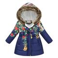 Elainilye Fashion Girls Winter Coats Toddler Baby Floral Print Jacket Parkas Hoodies Tops For Kids Winter Thick Warm Windproof Coat Blue