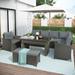 Gray 6 Patio Sectional Metal Frame Set, Loveseat Sofa Conversation Set w/ Coffee Table & Dining Table Chair, Bench and Cushions