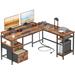 66" L Shaped Desk w/ Power Outlet, Reversible Computer Desk w/File Drawer & Monitor Stands, Home Office Corner Desk with Shelves