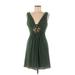 BCBGMAXAZRIA Casual Dress - Mini Plunge Sleeveless: Green Print Dresses - Women's Size Medium