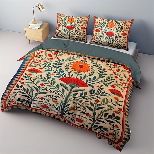 Mittelalterliche Quiltkunst mit dem Baum des Lebens-Musters, Bettbezug-Set, weiches 3-teiliges Luxus-Baumwoll-Bettwäsche-Set, Heimdekoration, Geschenk Image