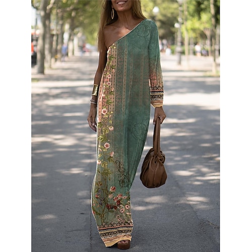 Damen kleid lang Casual kleid Kleid drucken Blumen Geometrisch Modisch Strassenmode Outdoor Festtage Ausgehen Bedruckt Langarm Ein-Schulter Kleid Schlank Armeegrün Blau Orange Sommer Frühling S M L XL Image