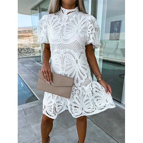 Damen Minikleid Spitzenkleid Weißes Kleid Weißes Spitzenhochzeitskleid Elegant Urlaub Ferien Normale Passform Kurzarm Stehkragen Weiß Purpur Fuchsie Orange Sommer Image